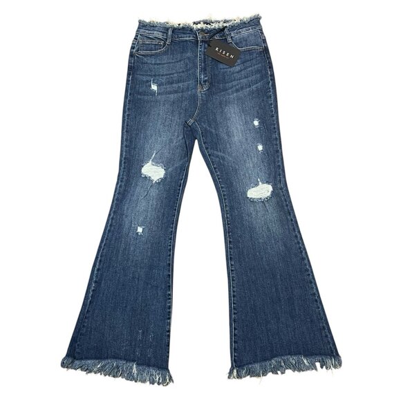 Risen Women Jeans RAW EDGE WAIST W FRAYED HEM FLARE Blue Distressed 32/15 NWT - Picture 3 of 16